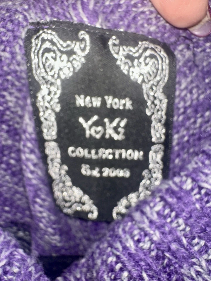 Poncho Suéter Cuello Capucha Púrpura y Gris Tejido Rayas Talla M Foto 2 de 4