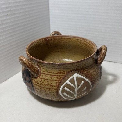 Vintage Rattan  Leaves Pottery Pot With 3  Handles  Handcrafted /Japan Stamped