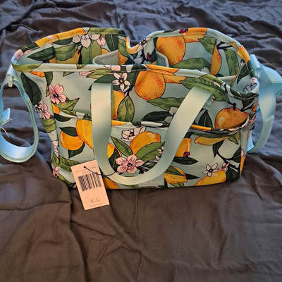 Vera Bradley Light Blue Lemon Floral Zip-Top Tote Lined, Inner Dividers