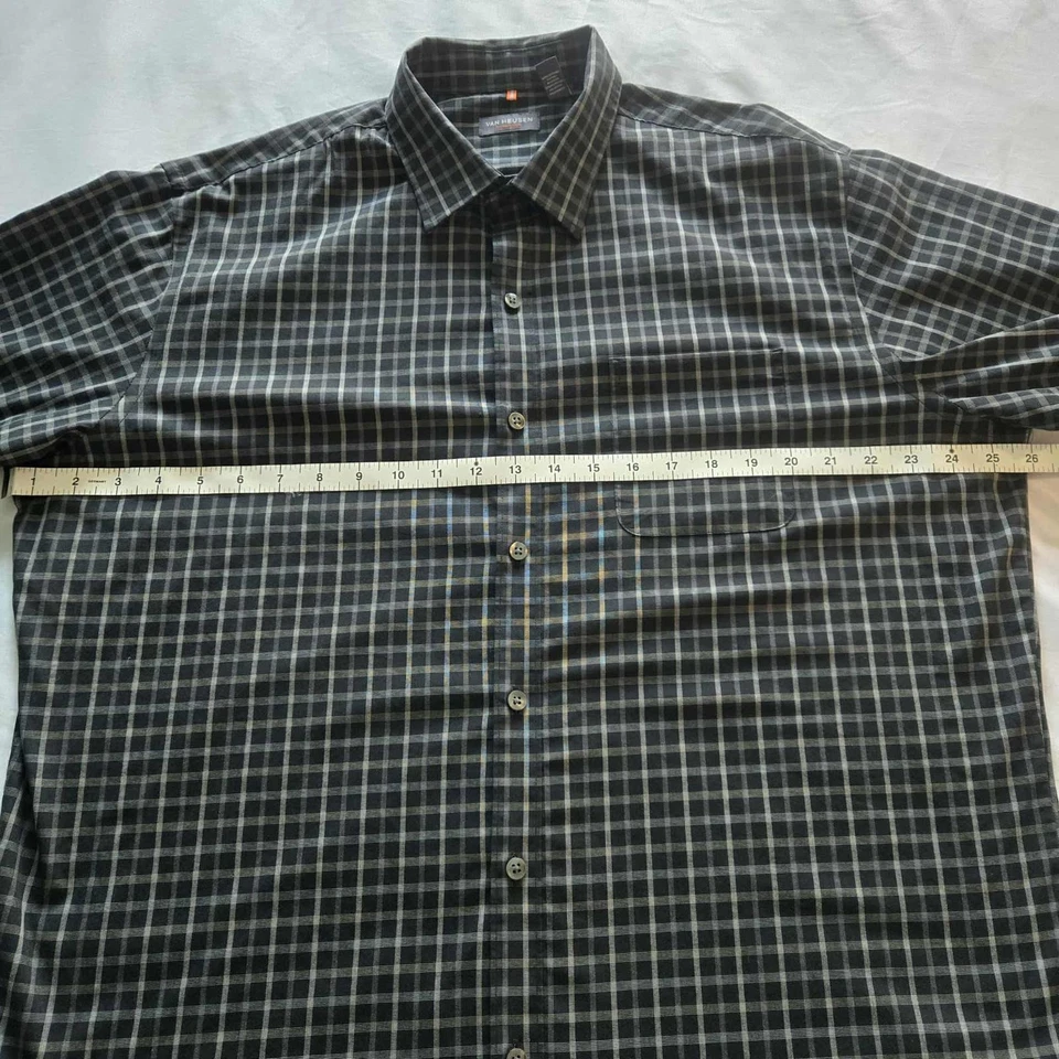 NUEVO SIN ETIQUETAS Camisa de Trabajo Para Hombre L Van Heusen Negra a Cuadros Sin Hierro Elegante Manga Larga Foto 3 de 4