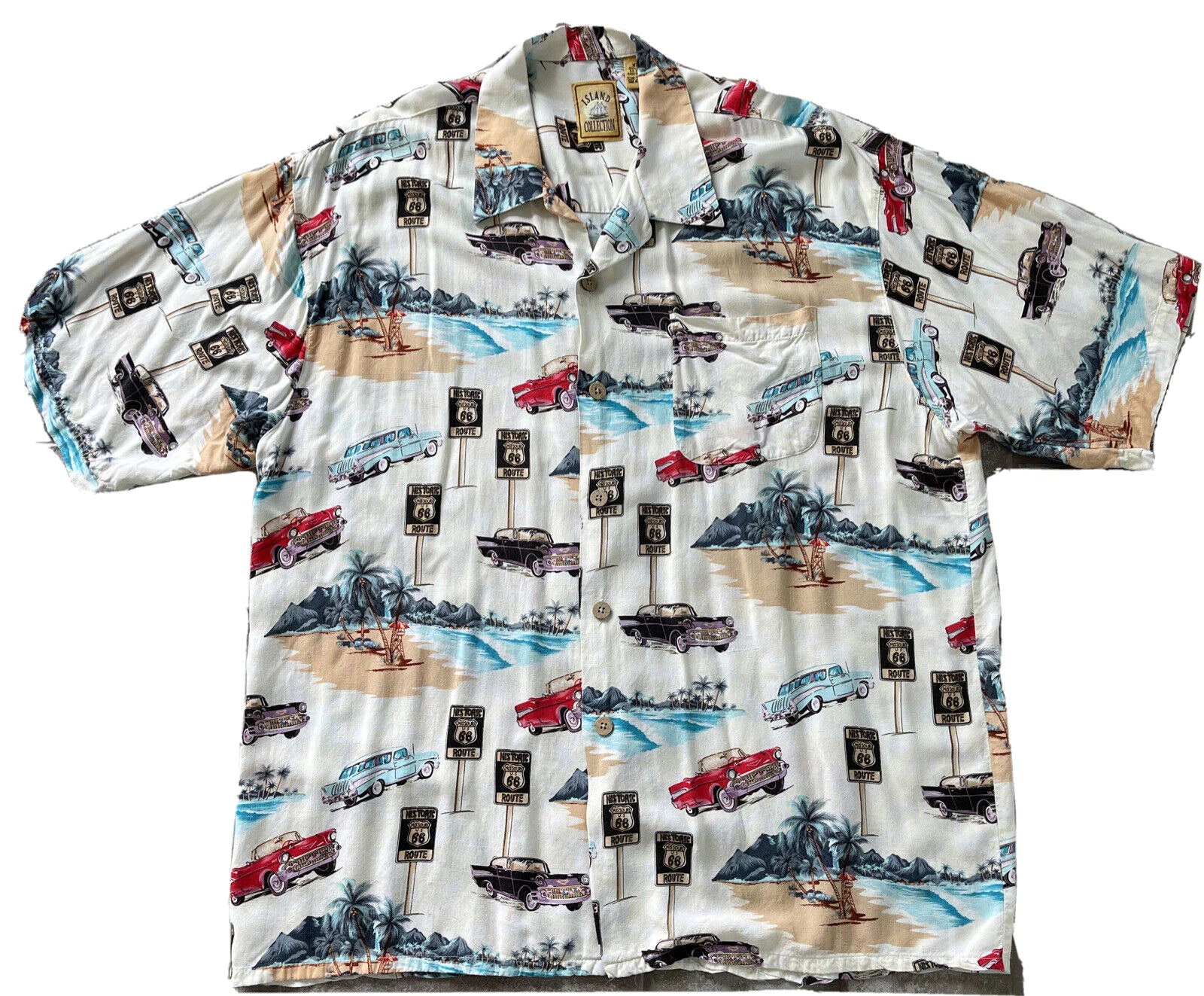 Island Collection Mens Sz XXL 2XL Route 66 Vtg Cars Rayon Button Hawaiian Shirt