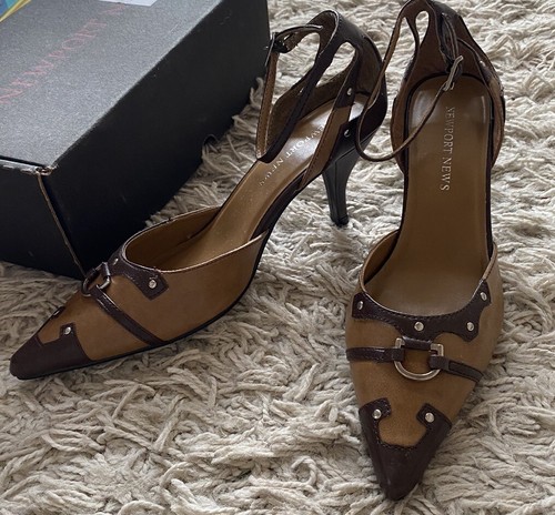 Newport News Heels Beige Tan Studded Pointy Shoes 8.5 Ankle Strap Western Brown - Picture 7 of 10