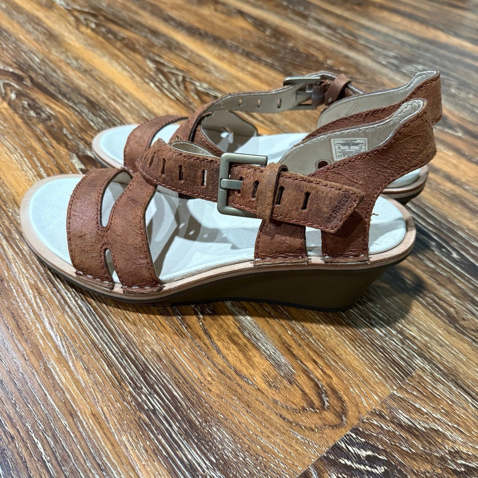 Merrell SIRAH sandali donna con zeppa in pelle reticolo taglia 10 scarpe marrone prarie