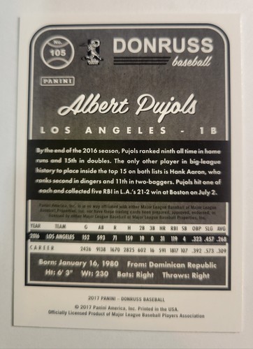 Carta Baseball 2017 Albert Pujols #105 Donruss Los Angeles Angels 1° Baseman - Foto 2 di 2