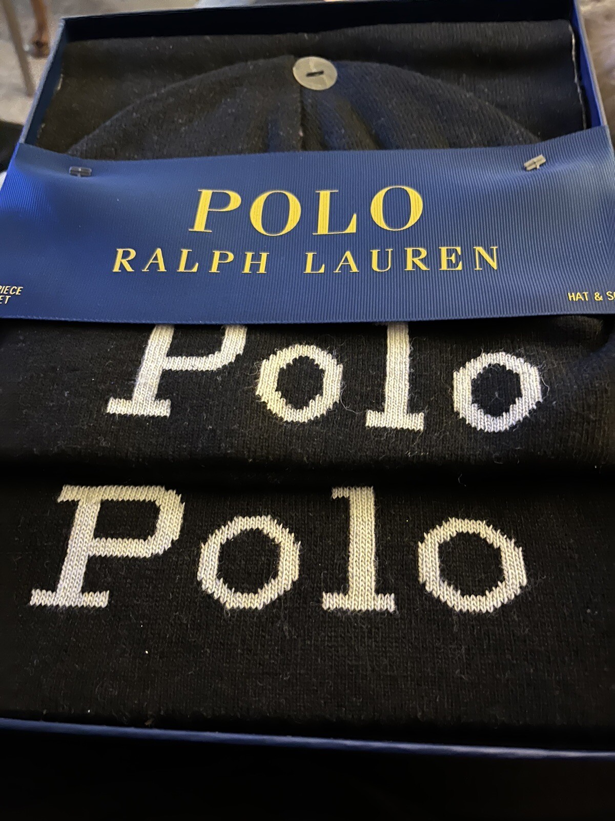 Polo Ralph Lauren Big Pony set confezione regalo 2 pezzi cappello e sciarpa nuovo con etichette nero taglia unica