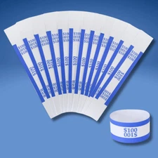 100 PCS Self-Sealing Blue $100 Currency Straps Money Bands for Paper Money