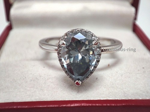 10K White Gold Anniversary Ring, 2.25 Ct Pear Cut Grey Moissanite Vintage Ring, - Picture 6 of 12