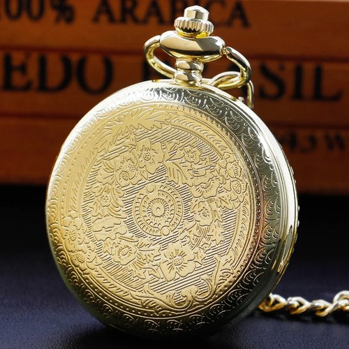 Gold Luxury Pocket Watch with chain Full Hunter Quartz Gift Antique Fob Watches - Picture 6 of 6