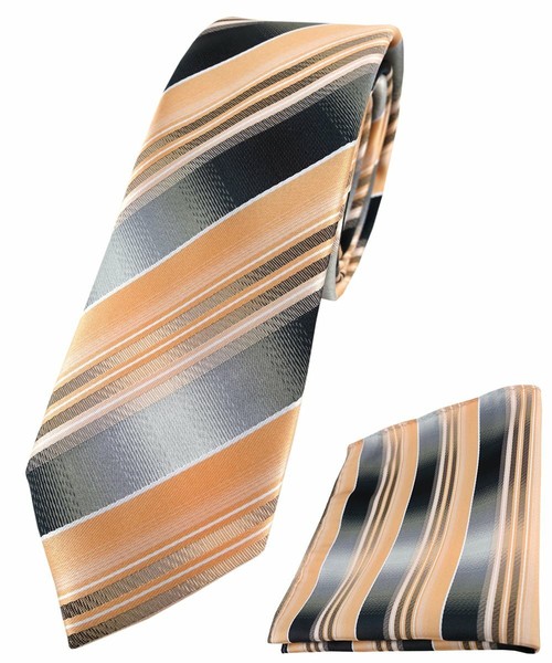 Schmale Tigertie Krawatte + Einstecktuch Lachs Orange Silber Anthrazit Gestreift-image