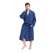 Mens Plaid 75 Cotton Flannel Shawl Collar Calf-Length Robe 4X-5X Big Black/Blue