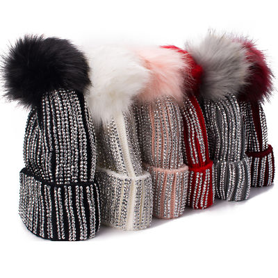 Women Faux Fur Large Pom Pom Rhinestones Beanie Hat Ski Slouchy Cap Winter  A469