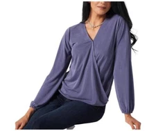 Susan Graver Sueded Jersey Faux Wrap Top Muted Indigo