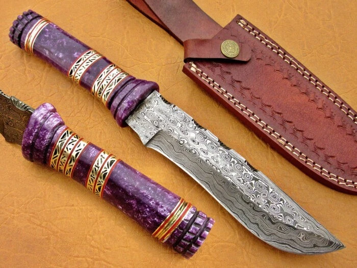 Damascus Steel Blade Bowie Knife Handle Purple Bone Overall 12 Inch with leather