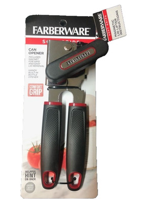 Farberware Soft Grips Safety Can Opener in Black with Red Accents