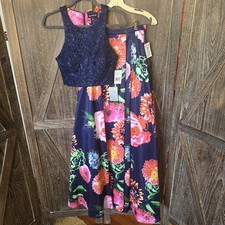 Sequin Hearts Dress Women's Size 5 Navy Blue Floral 2 Piece Set Full Skirt Prom