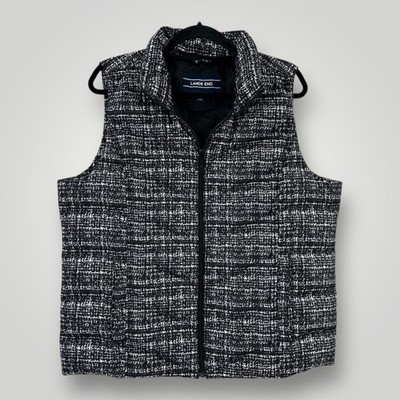 Lands' End Down Vest Womens XL Black White Puffer Full Zip Outdoor Warm Quilted
