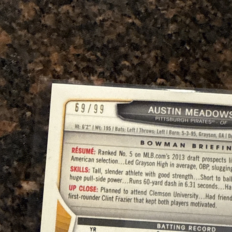 Austin Meadows 2013 Bowman Chrome Prospect Auto Blue Refractor Pirates #d 69/99 - Image 3 of 3