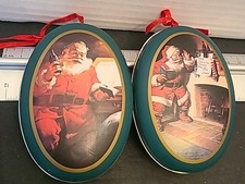 Vintage Coca-Cola 1990 Oval Metal Tin Ornaments Set Of 2 Excellent