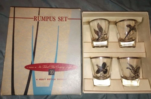 Vintage Federal Glass Rumpus Set Shot Glasses Game Birds NOD Mint Condition NIB