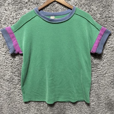 7th Ray Dolman Colorblock Ribbed Oversized Casual T Shirt Colorful Green Small