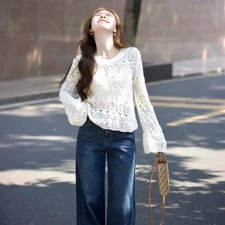 Lady Pullover Hollow Out Flare Sleeve Top Crew Neck Solid Color Knit Sweater New
