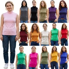 Women Sleeveless Turtleneck Vest Plain Slim Fit Tank Top Casual Jumper