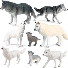 8PCS Wolf Toy Figures, Realistic Wild Animal Wolf Figurines Plastic Jungle Fores