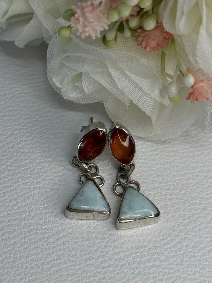 925 Sterling Silver Amber & Larimar Earrings Length 1.30 Inch - Image 3 of 4