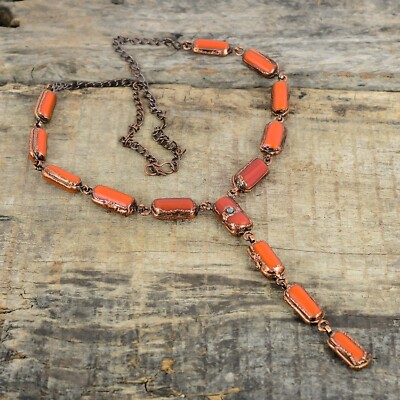 Red Coral Gemstone Turquoise Copper Sister Chain Electroformed Necklace Jewelry