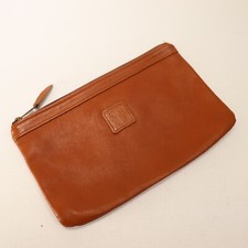 Vtg Classic Brown Leather Clutch Zipper Lined medallion Front Pouch Purse Bag