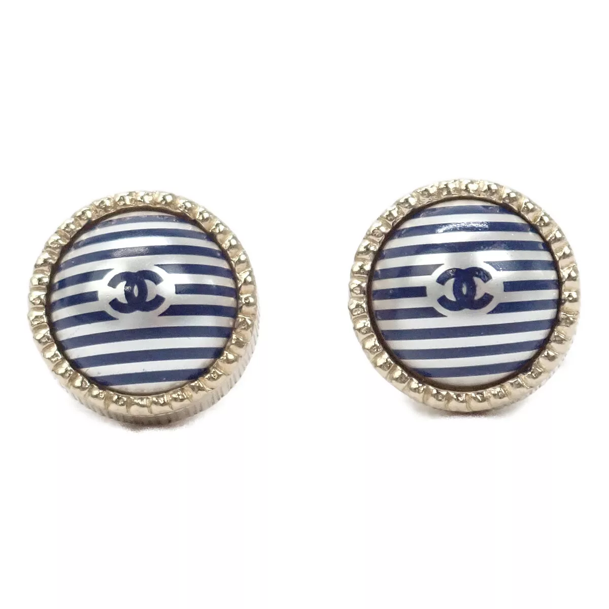 CHANEL Earrings CC Round Stripe Blue White COCO Stud Gold GP A19C authentic