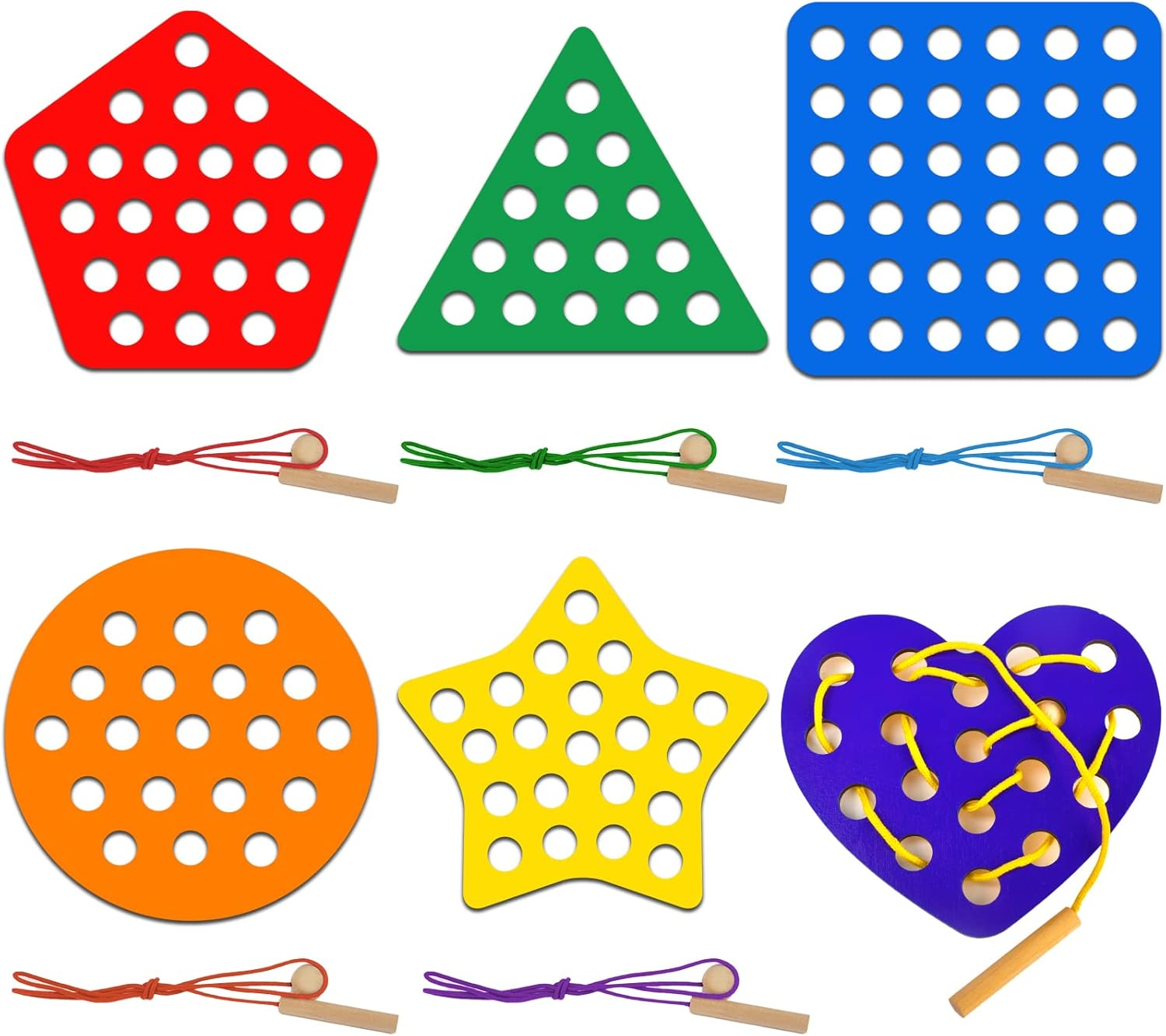 6 Pcs Lacing Toy Toddlers, Geometric Wooden Threading Toys, Educational and Lear