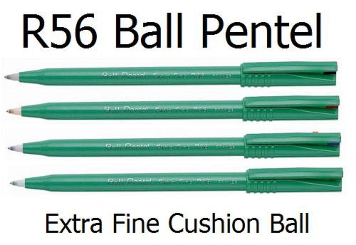 3x Pentel BALL R 56 Extra Fine mm Pens Roller Cushion Red Blue