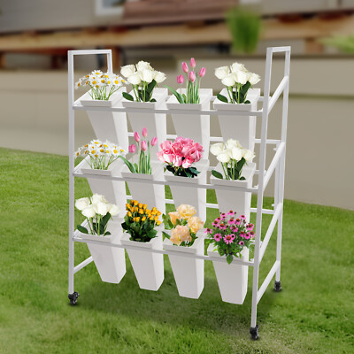 Heavy Duty Metal Flower Display Stand with Buckets Moving Florist Bouquet Shelf