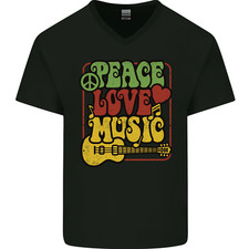 Peace Love Music Guitar Hippy Flower Power Mens V-Neck Cotton T-Shirt