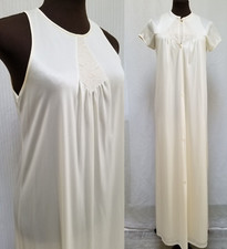 Vintage Ivory Shiny Nylon Embroidered Trim Peignoir Robe  Nightgown - Size XS/S