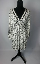 TOPSHOP WHITE GREY BLACK STRETCH DRESS VELVET TRIM BATWING V-NECK UK 16 44 12