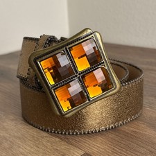 Vintage Cache Boho Gold Bronze Metallic Belt Amber Jewel Statement Buckle Small