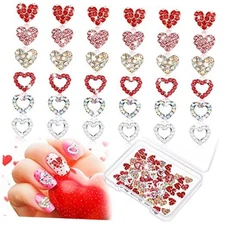 60 Pieces Valentines Day 3D Heart Nail Charms Heart Rhinestone Art Novel Style