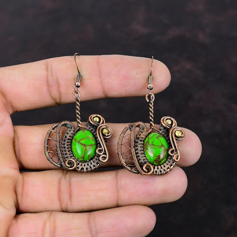 Copper Copper Green Turquoise Stone Wire Wrapped Dangle Drop Earrings Jewelry - Image 2 of 4