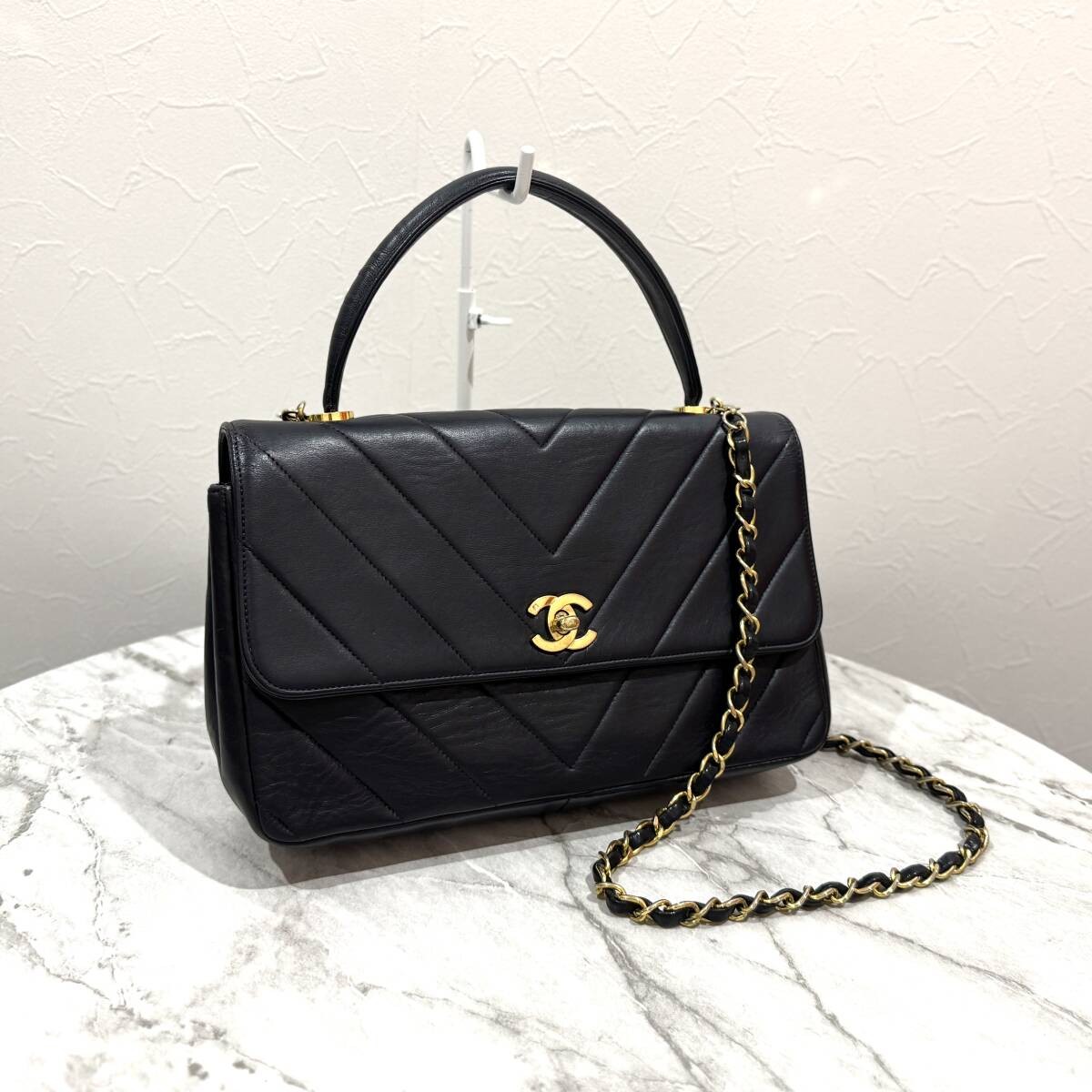 CHANEL Dark Navy V Stitch Lambskin 2 Way Handbag Near Black