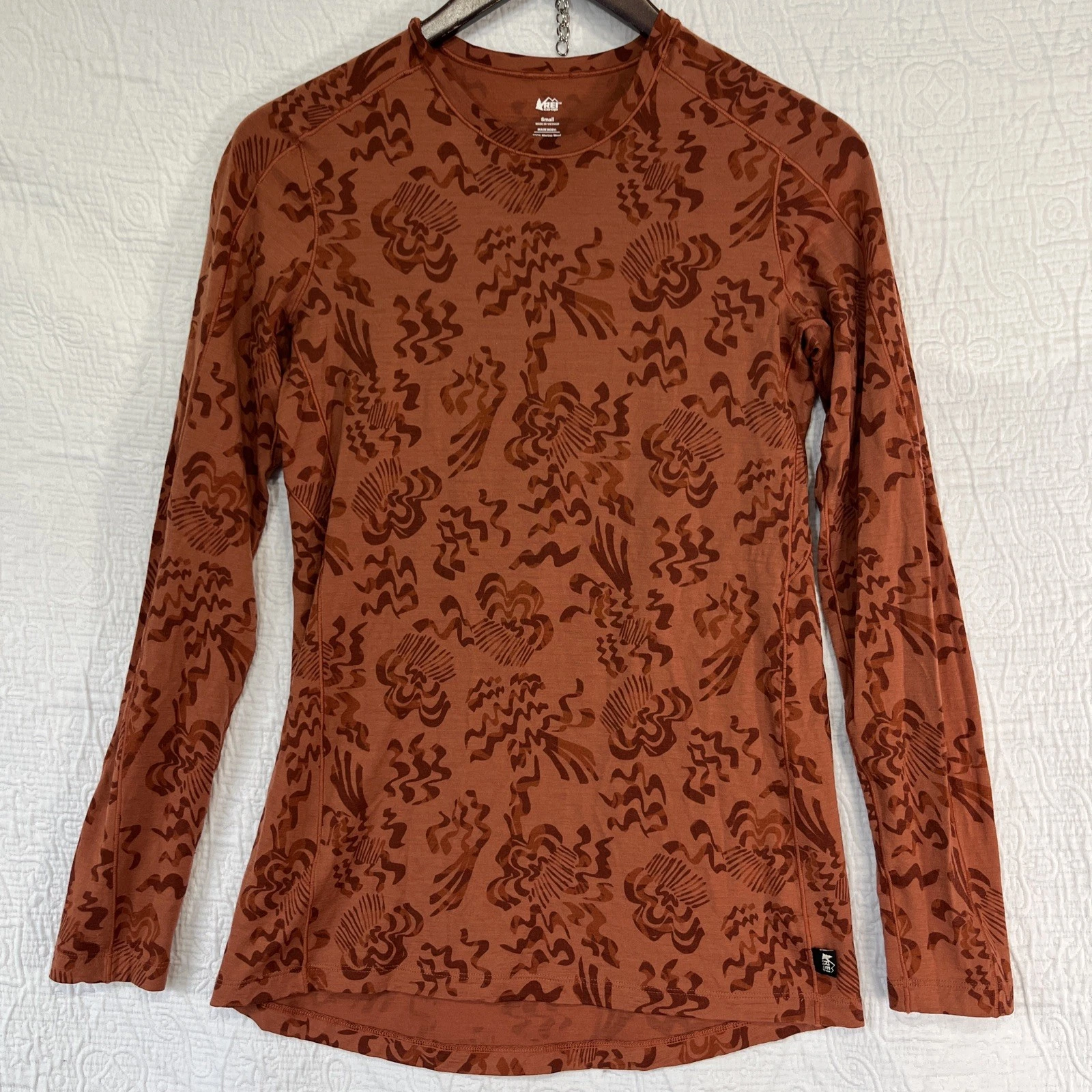 REI Coop Merino Wool Crew Neck Shirt Womens Small Orange Long Sleeve Base Layer