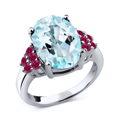 6.68 Ct Oval Sky Blue Topaz Red Created Ruby 925 Sterling Silver Ring