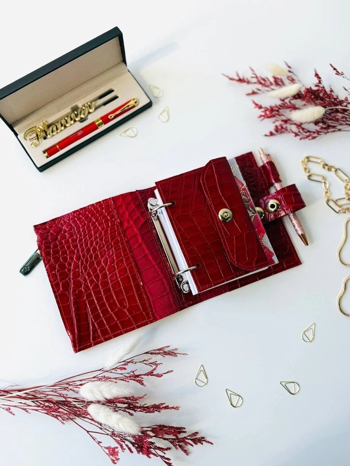 Red leather notebook cover A7 2 rings mini wallet. Dated 2026 planner gift. - Image 3 of 4