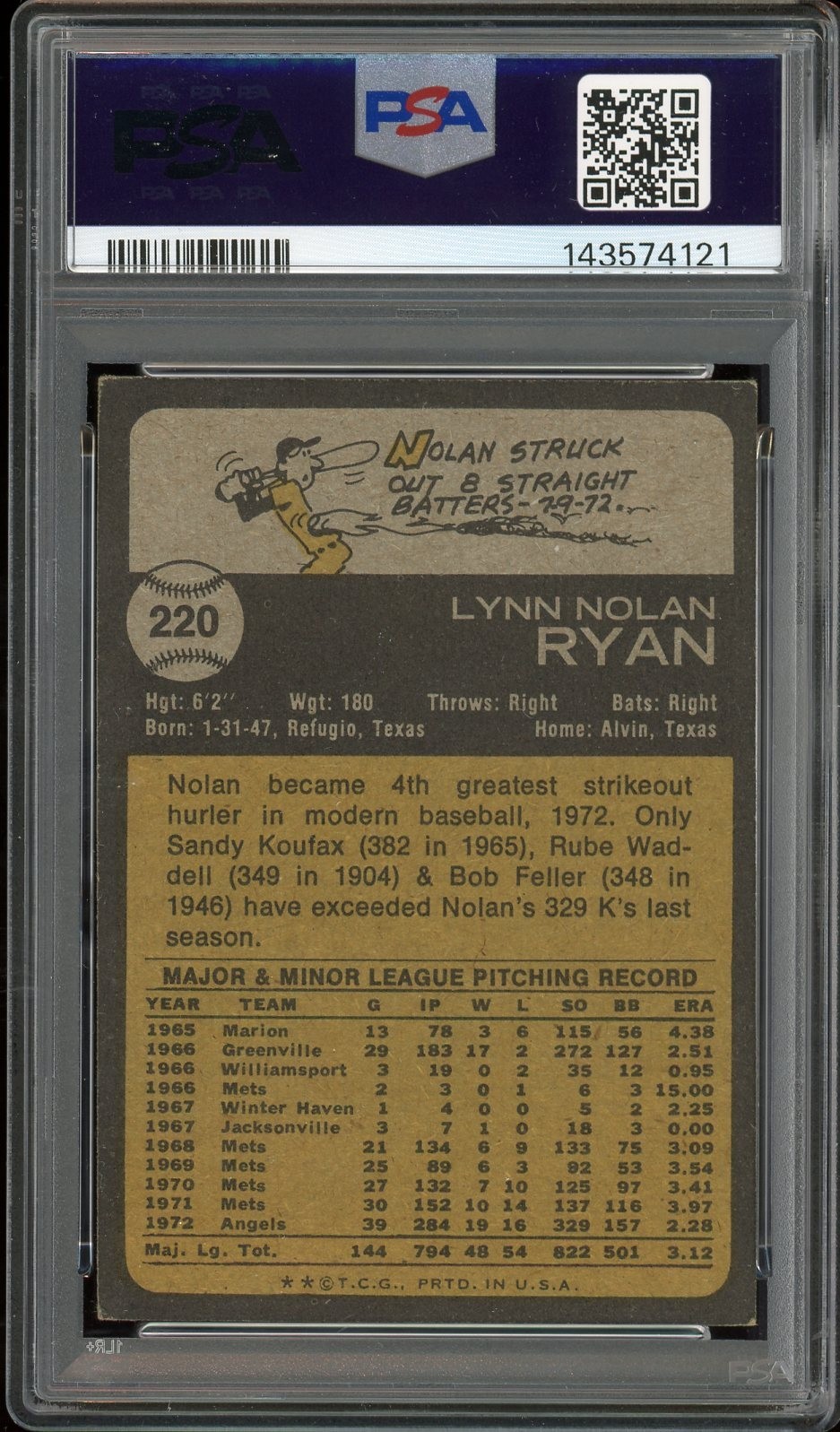 1973 Topps #220 Nolan Ryan Auto HOF California Angels PSA Auto 10 view 2
