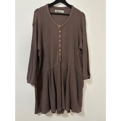 FP Beach Blossom Brown Ribbed V Neck Button Down Drop Waist Tunic Dress Medium