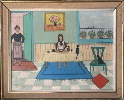 Mary Raymond 'Gigi' 1967 Original Folk Art Painting; Cats, Women, Family, Home.