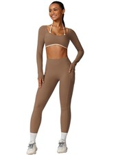 Workout Sets for Women Long Sleeve Crop Top Halter Open Back Yoga Shirts Scru...