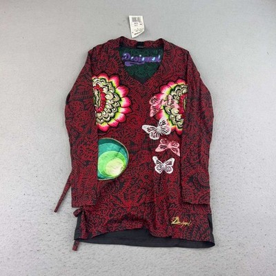 Desigual Womens Small Red Floral Embroidered V Neck Long Sleeves Blouse NWT