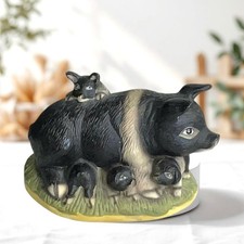 Vintage 1993 Ceramic Hand Painted Black White Pig Sow with Piglets Around
